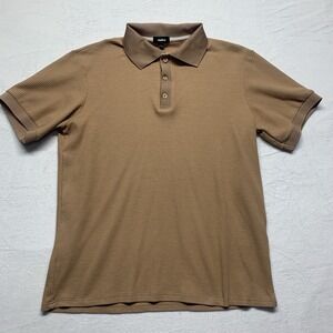 Ouku Men's Waffle Knit Brown Polo Spread Collar Shirt Casual Workwear - Size L